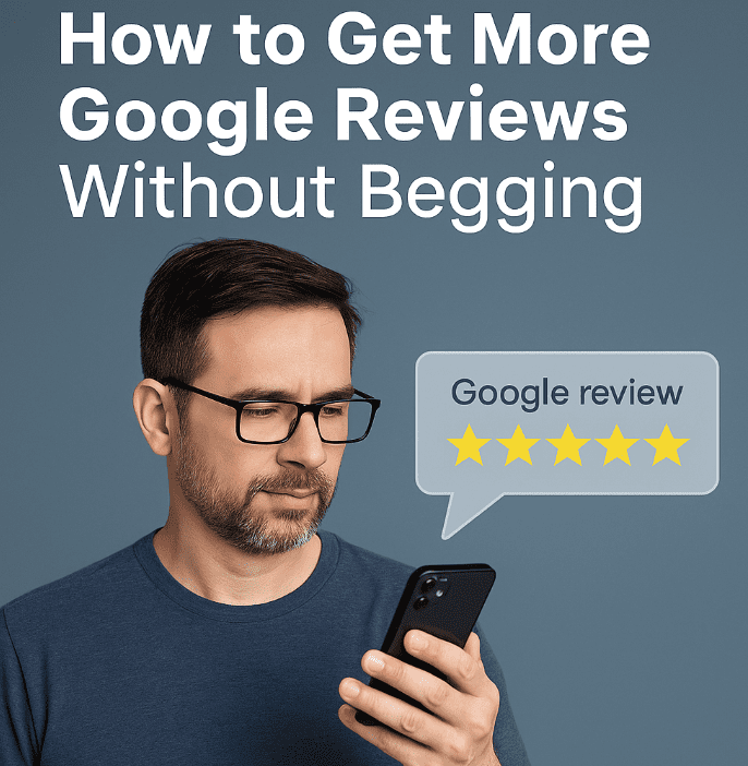 Service business owner sending a review request via phone, with a 5-star Google review shown on screen